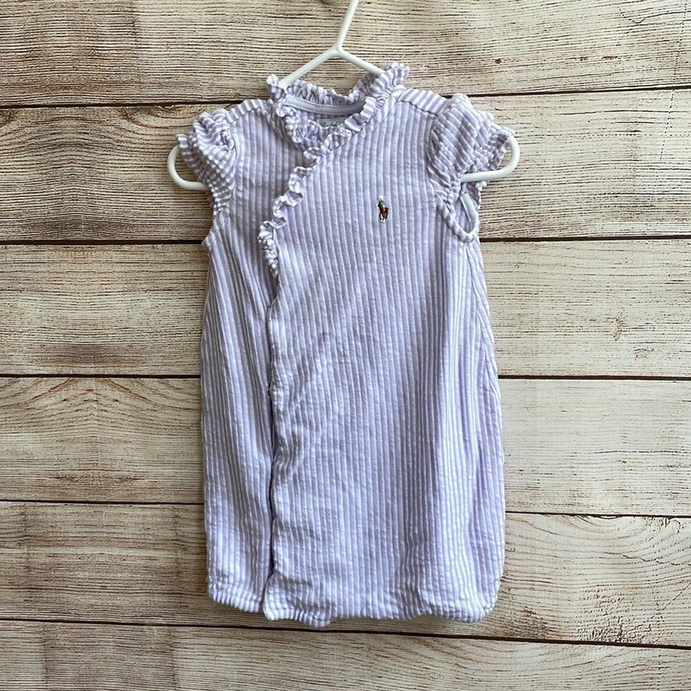 RALPH LAUREN SOFT KNIT ROMPER IN LAVENDER AND WHITE STRIPES